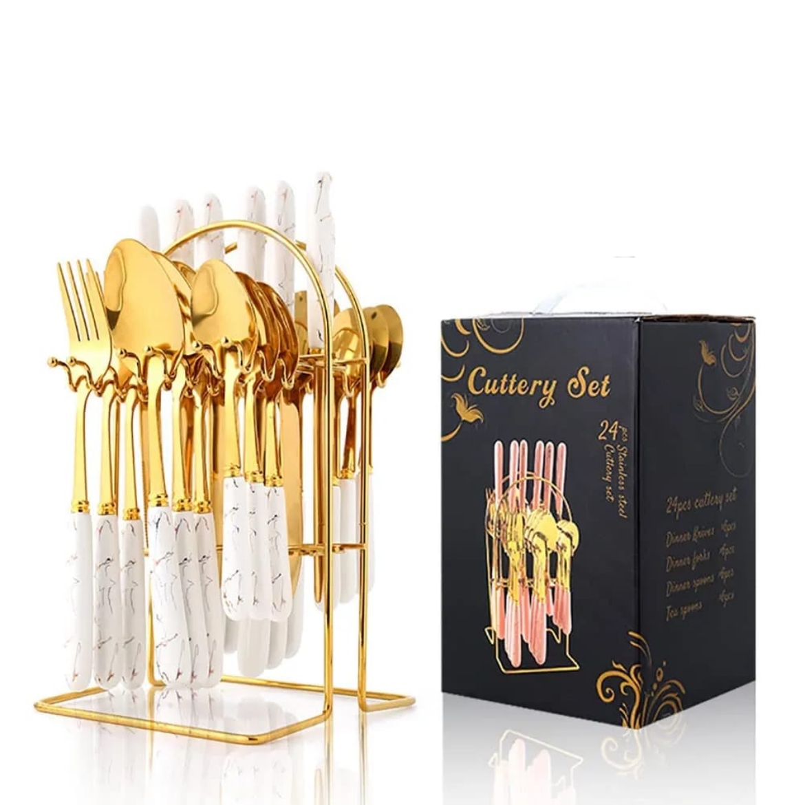 صورة طقم أدوات مائدة انيق يتميز بمقابض بيضاء رخامية (ملاعق شوكه سكين )